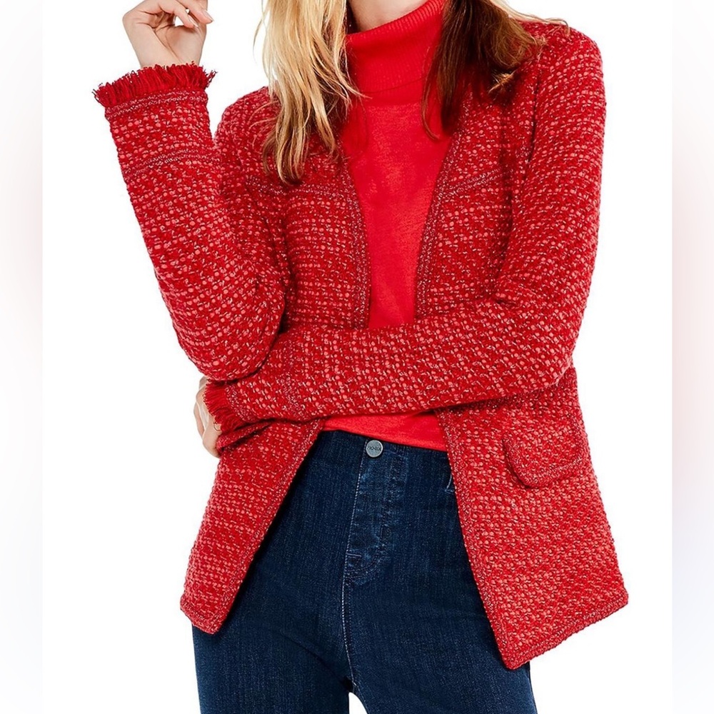 Nic + Zoe Up Tempo Red Open Front Tweed Jacket